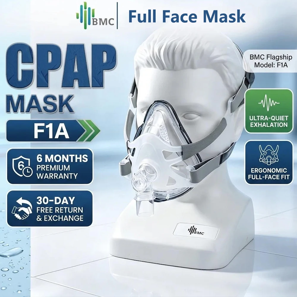 Mascarilla CPAP BMC Original F1A de Cara Completa con Arnés para Máquina CPAP/BiPAP, Terapia de Apnea del Sueño de Alta Calidad con Cepillo de Limpieza
