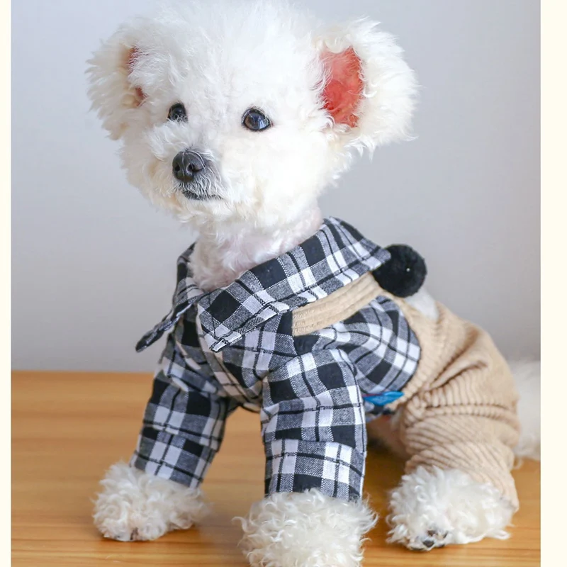 Cute Panda Summer Dog Suit Gray Plaid Soft Pet Tracksuit For Puppies Animal Costumes Clothing XS XL Outfit Chihuahua Shih Tzu