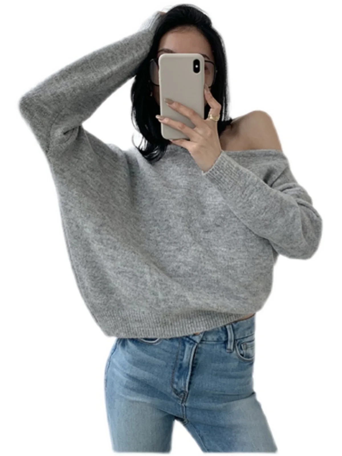 

oulder Bared ort Knitted Sweater Women's Chic Loose Asymmetrical Design Korean Sle Cotton Long Sve Top Outerwear