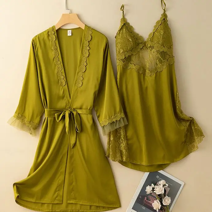 

Атласный Костюм-двойка с ночной рубашкой, кружевное Прозрачное кимоно, халат, летняя сексуальная одежда для отдыха, пижама с V-образным вырезом