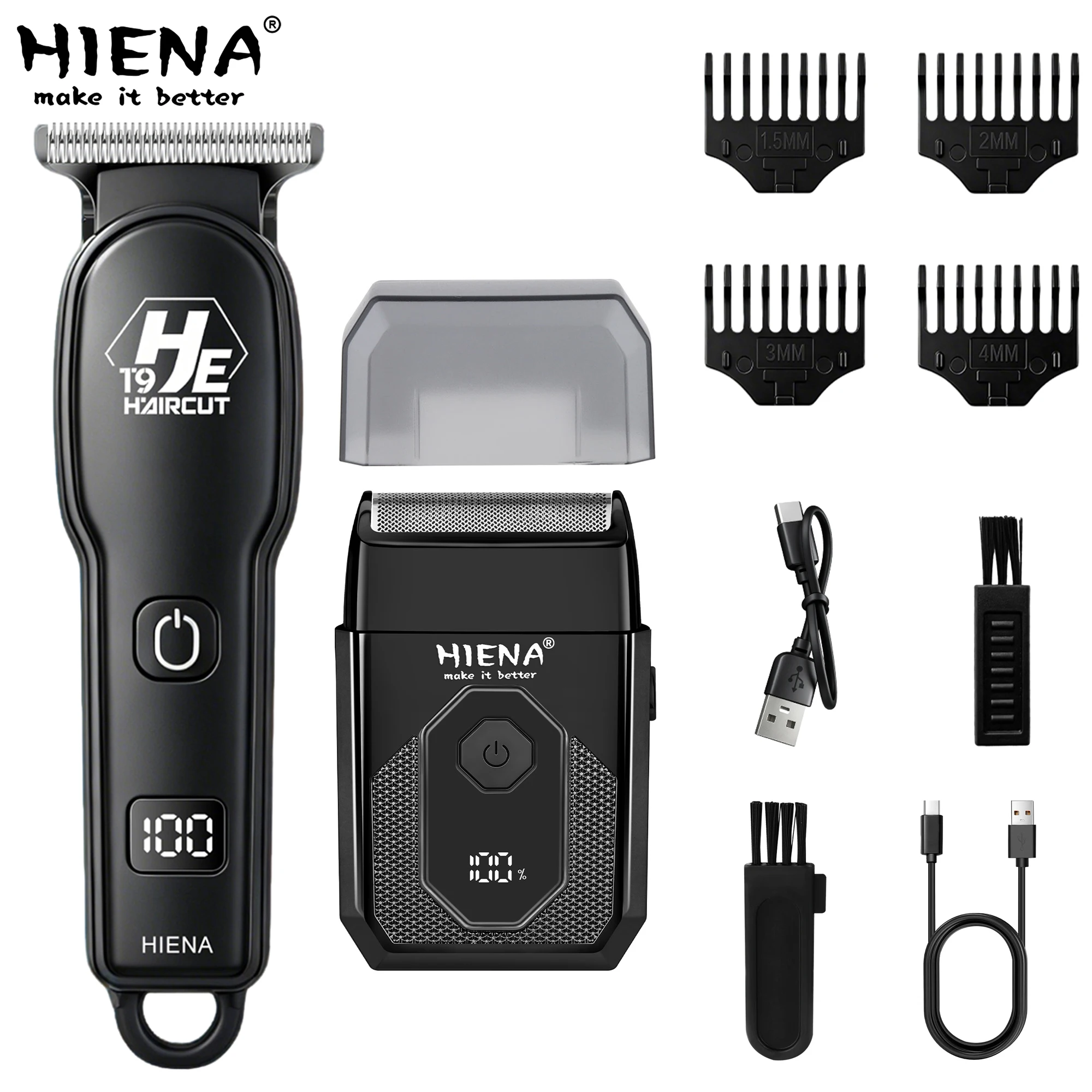 HIENA 2/1 Pieces Cordless Hair Trimmer For Man Waterproof Electric Shaving Machine Barber Shop Black 0 MM Hair Clippers Set