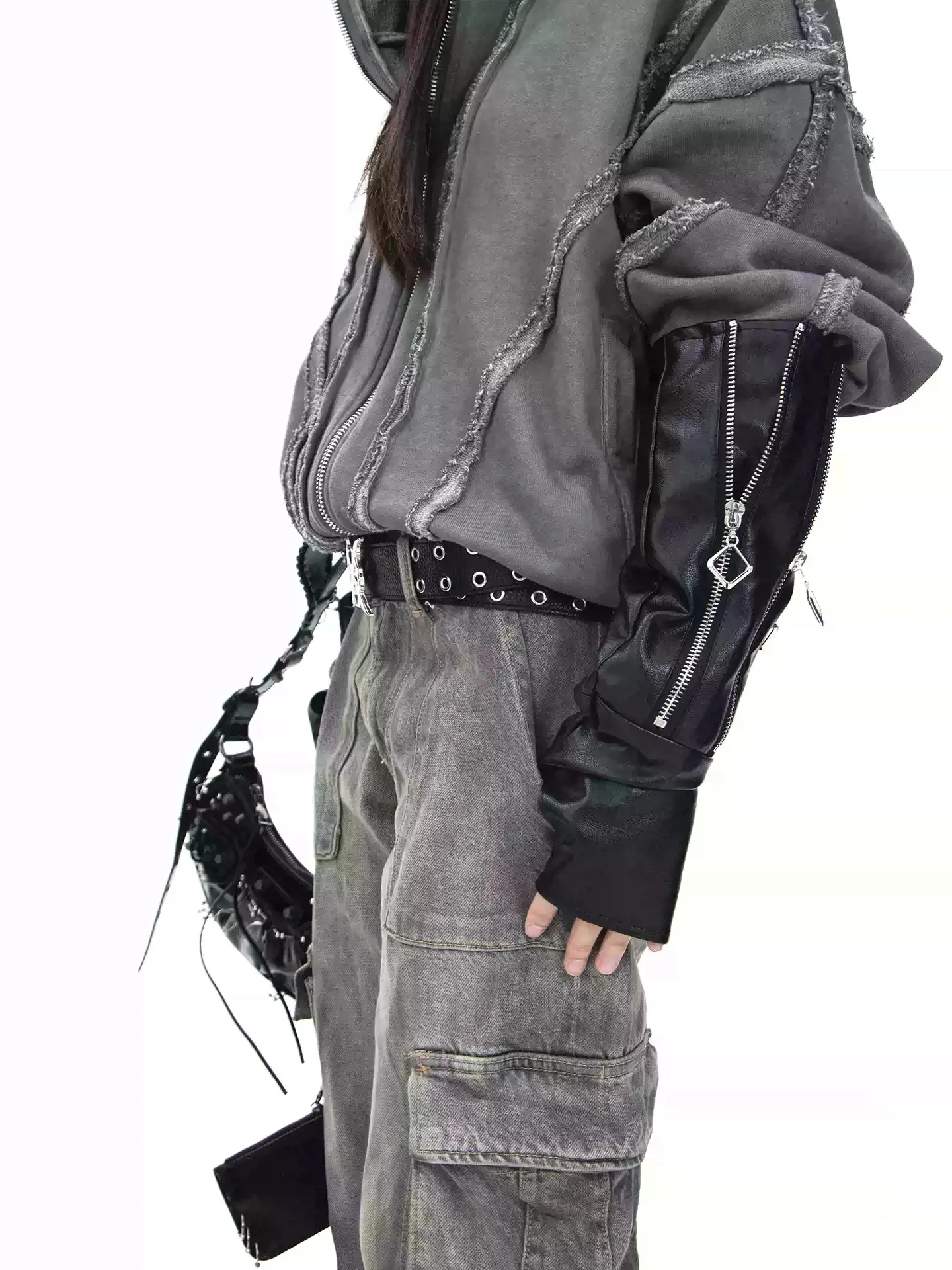新しいスタイルのダークパンクヒップホップシルバーマルチジッパーファッションレザーロンググローブハイストリートテックウェアスタイル
