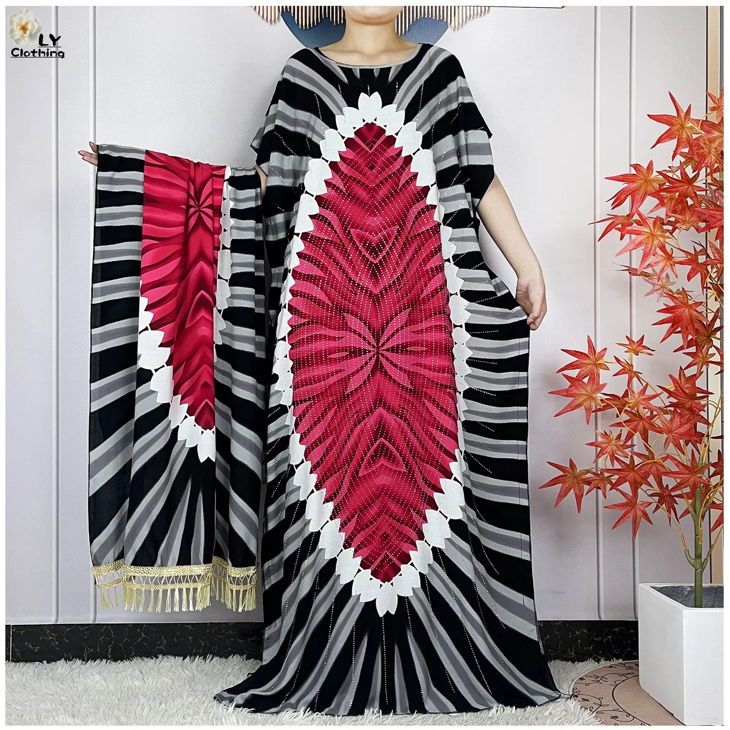 

New Dubai Fashion Muslim Women Cotton Loose Robe African Abaya Diamonds Printing Floral Femme Short Sleeve Dress With Big Scarf