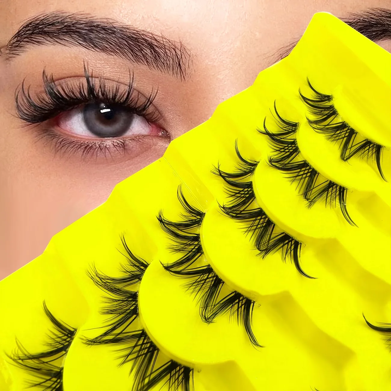 7 Paar flauschige, natürlich aussehende falsche Wimpern im Nerz-Look mit transparentem Stiel und gekreuztem Faden-Design