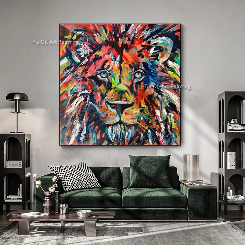 Handmade Abstract Animal Canvas Wall Art Modern Coloful Lions Head Thick Oil Painting New Design Animal Artwork For Room Decor