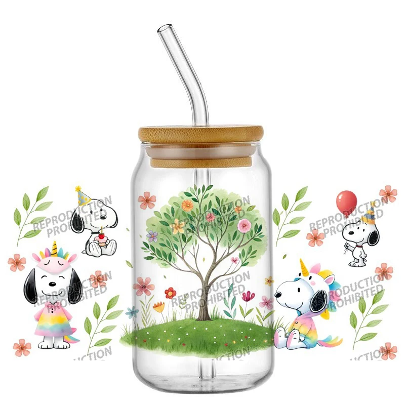 Cartoon-Hundemuster 16OZ UV DTF Becherfolien-Aufkleber Wasserdicht Langlebig DIY Snoopy Design für Libbey Glas Heimdekoration