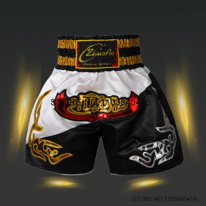 

Boxing Shorts Embroidered Muay Thai Shorts Men Women Kids Satin Martial Arts Grappling Training Clothes Fight Kickboxing Pants