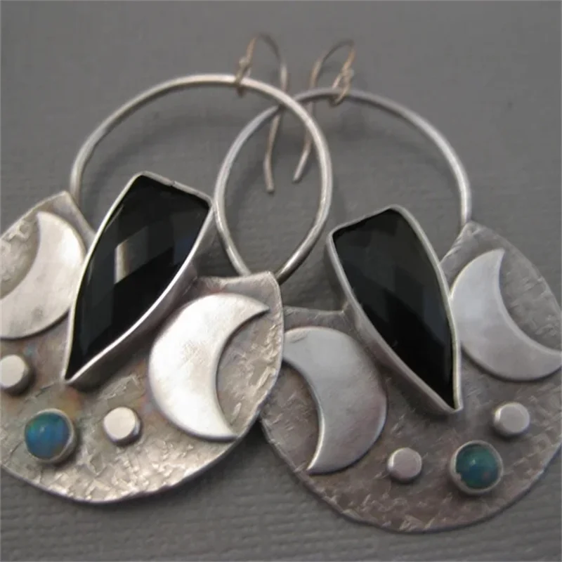 Delicate Moon Black Blue Stone Earrings for Women Silver Color Dangle Earrings Jewelry