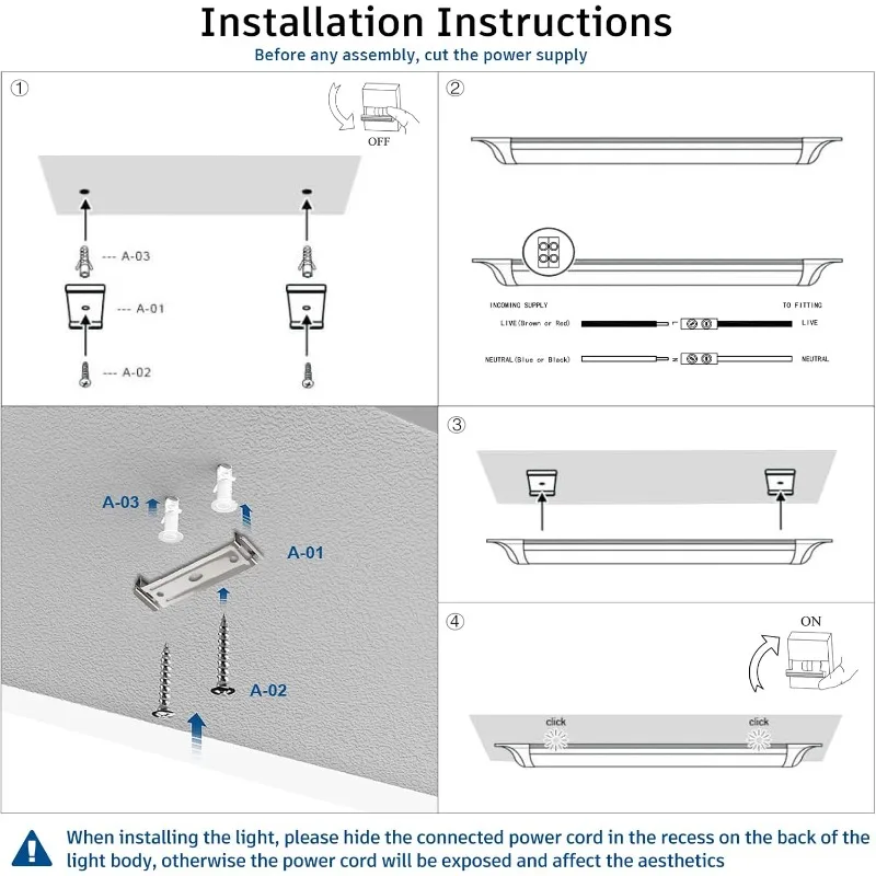 ضوء LED Batten، مصابيح أنبوبية LED رفيعة مثبتة على سطح السقف، 50 وات 4000 كلفن أبيض محايد للمكتب والمتجر والمرآب، Ho