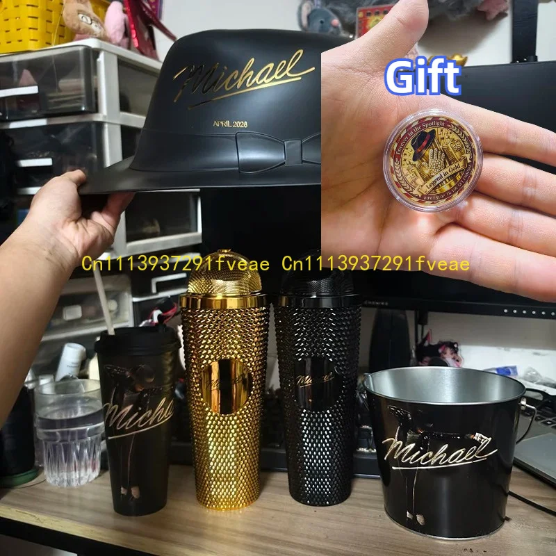 

Hot Genuine Michael Jackson Movie Collectible Tumbler Set Microphone Shaped Cup Fedora Hat Popcorn Bucket commemorative coin