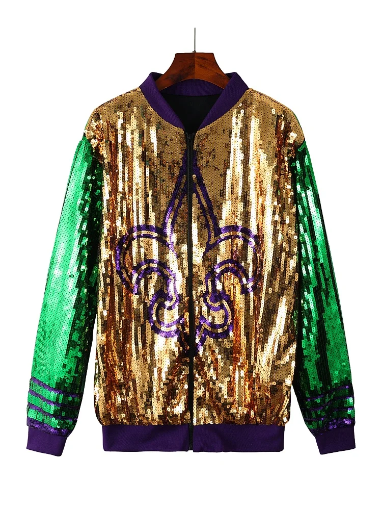 Shiny Women Sequin Bomber Jacket Mardi Gras Festival Apparel Long Sleeve Zip Up Female Coat Dancewear Clubwear