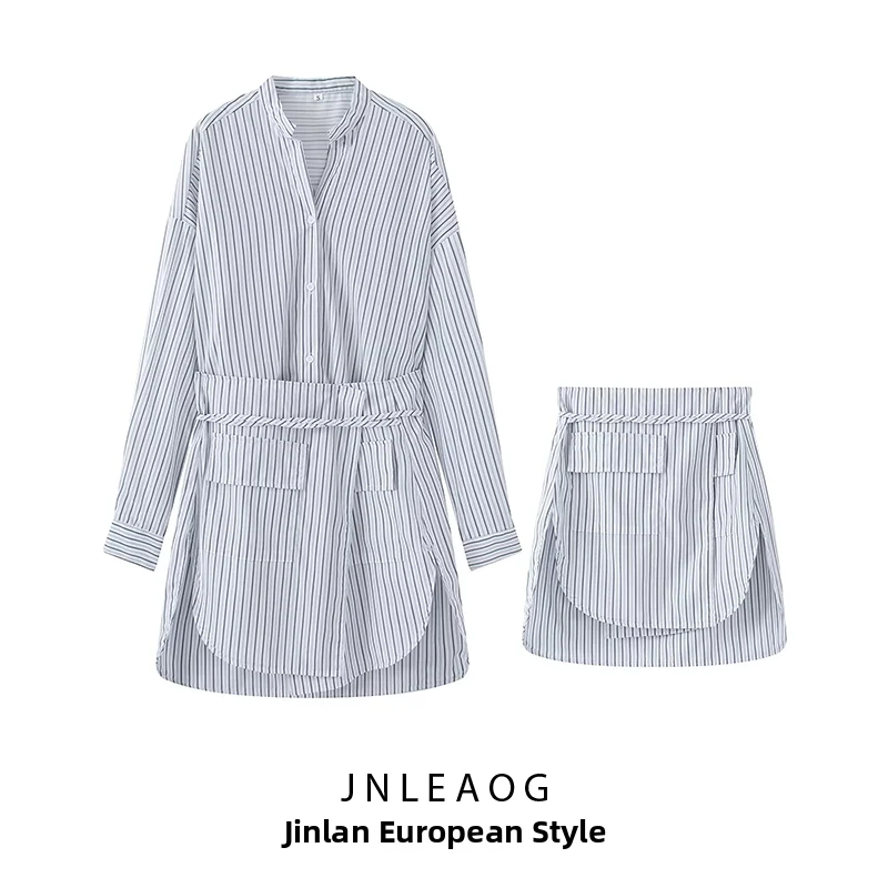 

JNLEAOG Summer New Women's Striped Shoulder Drop Large Shape Design Waist Belt Two-Way Wear Shirt Loose Fit Long Sleeve Polye...