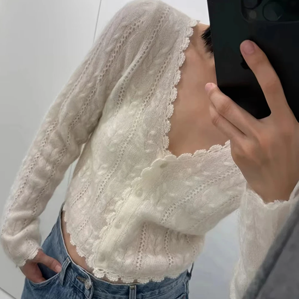 

Ruffles Wool Designer Sweater Women Winter Spring V Neck Hollow Out Long Sleeve Elegant Pullovers Pull Fashion Jumper Sweaters