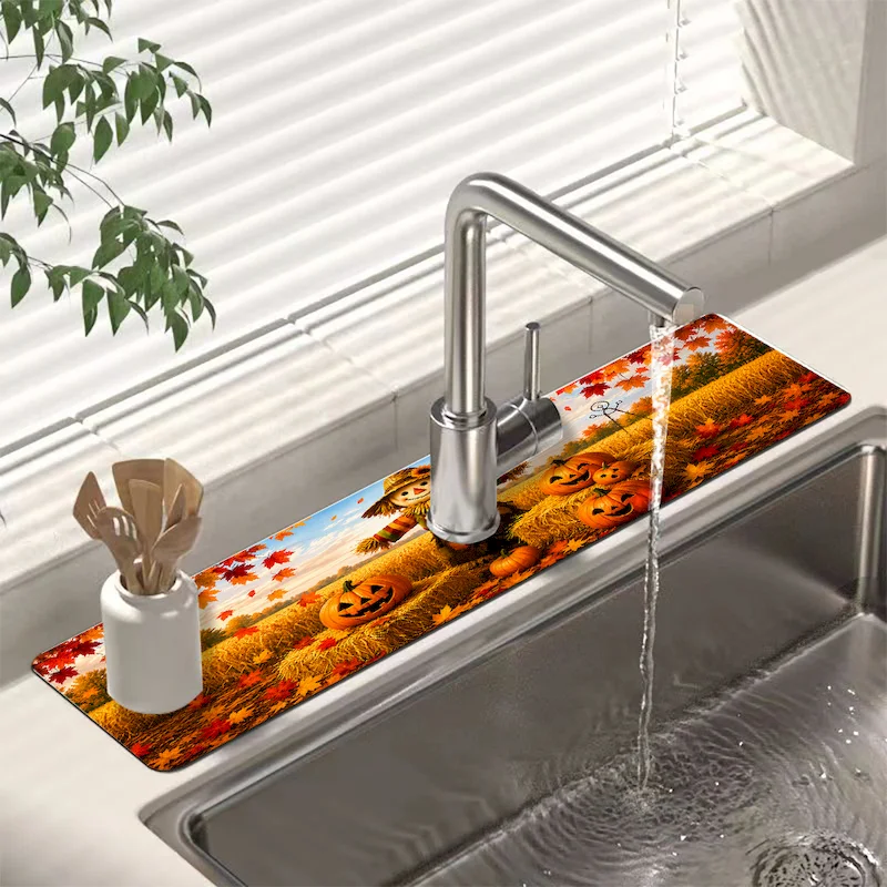 VIKAMA Autumn Scarecrow Pumpkin Printed Faucet Mat Kitchen Water Absorbent Anti Slip Mat Festival Atmosphere Mat Home Decoration