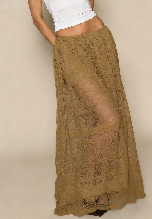 

Womens Mesh Sheer Lace Skirt High Waisted Floral Embroidered See Through Ruffled A Line Long Skirts Streetwear