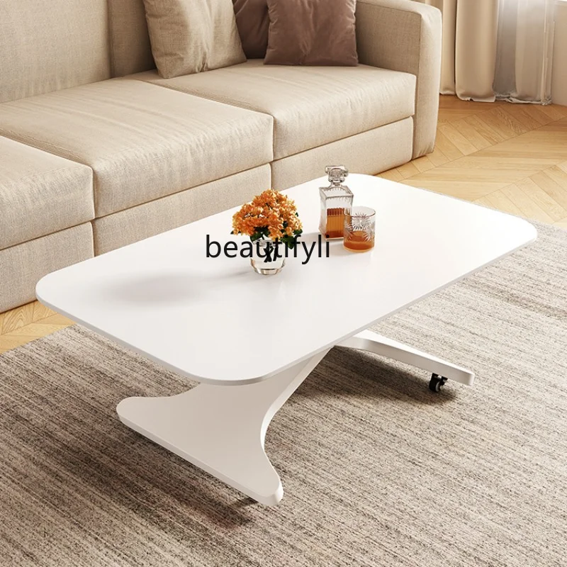 

White Lifting Coffee Table Light Luxury Small Apartment Living Room Double-Use Stone Plate Rectangular Tea Table furniture