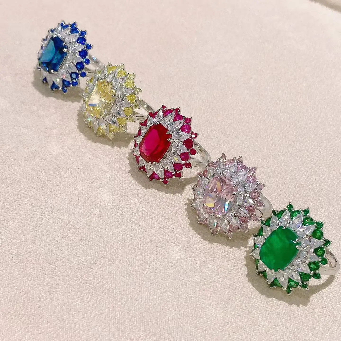 KQDANCE 925 Sterling Silver Synthetic Emerald Green Sapphire Blue Gemstone Sunflower Rings For Women Party Party Fine Jewelry