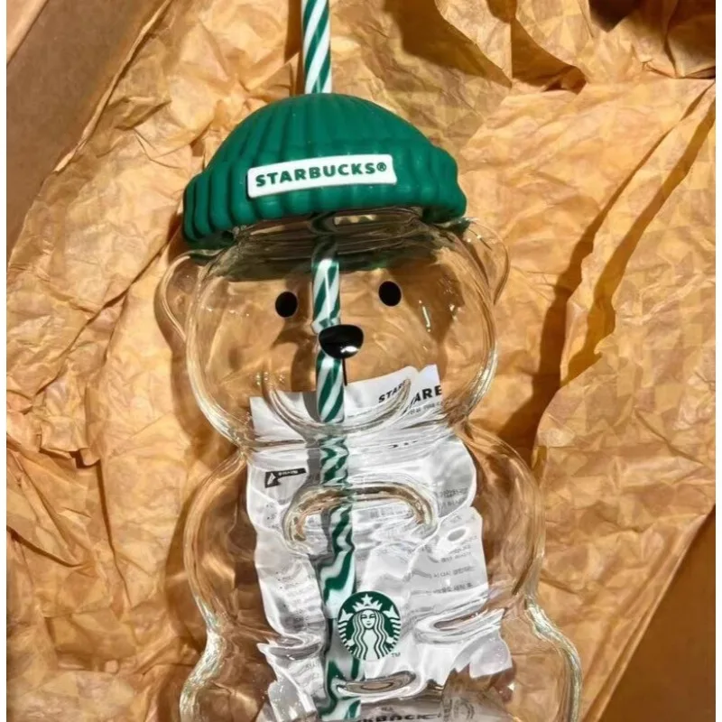 Copo Starbucks Bear Transparente com Canudo 591ml Edição América do Norte Tampa de Silicone Verde Garrafa de Água à Prova de Vazamento para Uso Diário