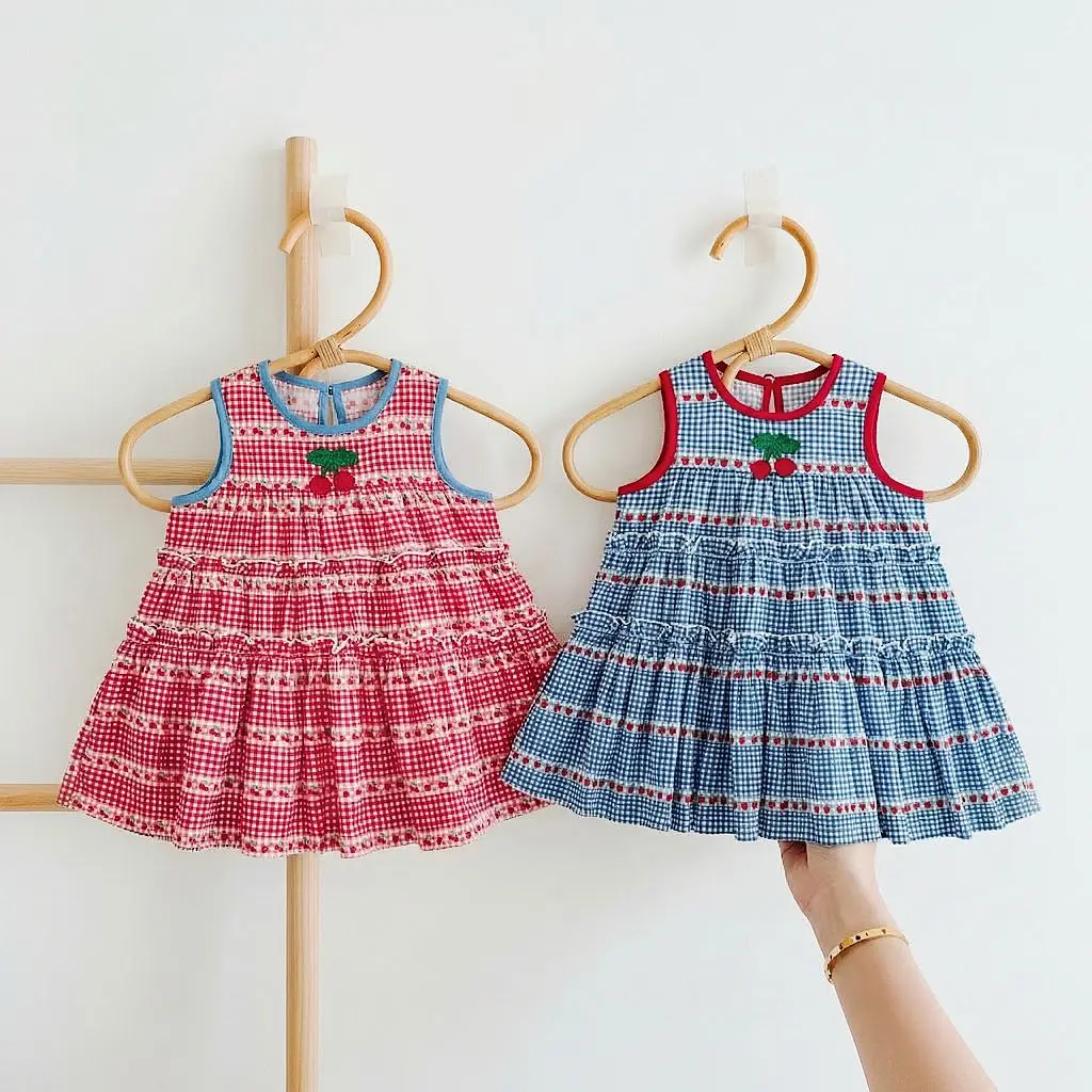 

Summer New A-shaped Skirt Three-dimensional Cherry Plaid Skirt Large Skirt Girls Summer Vacation Dress