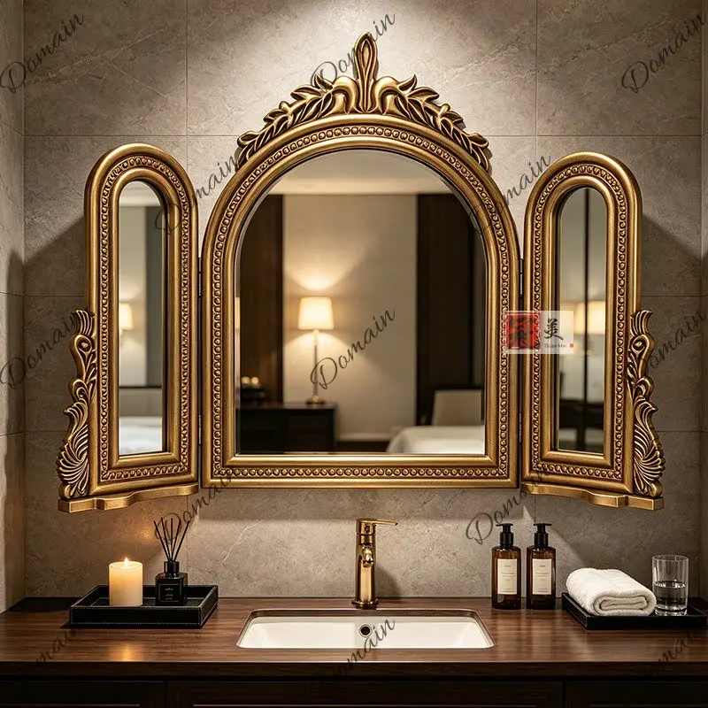 French three-sided vanity mirror wall-mounted American retro bathroom bathroom mirror European carved three-fold vanity mirror