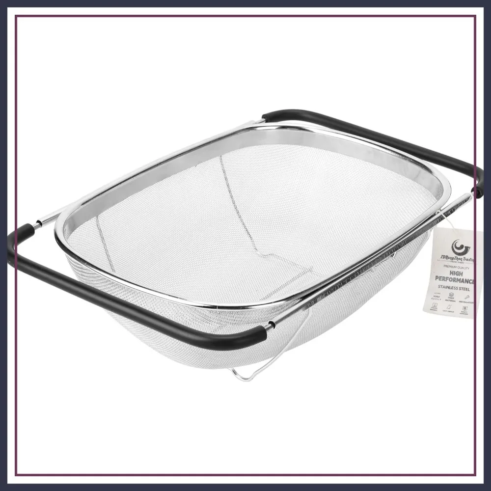 Over the Sink Colander Strainer Basket, Stainless Steel Colander with Expandable Rubber Grip Sink Drainer for Rinse Vegetables Fruits & Strain Drain (Large-Fine Mesh)