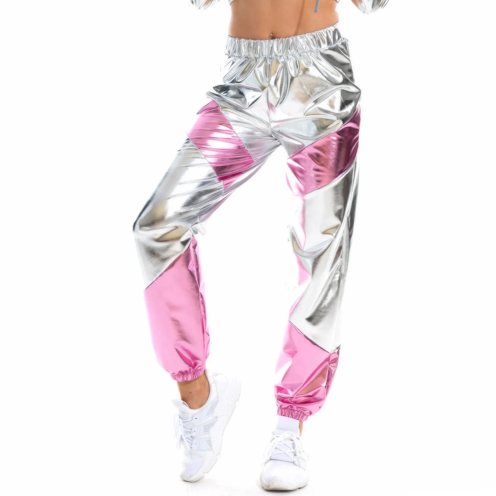 Women Reflective Long Pants with Pockets High Waist Loose Holographic Patchwork Trousers Club Dance Jogger Pants Clubwear