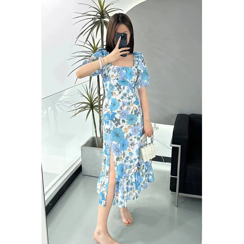 

2024 Summer New Bubble Sleeve Linen Square Neck Split Hem Printed Medium Long Dress Women