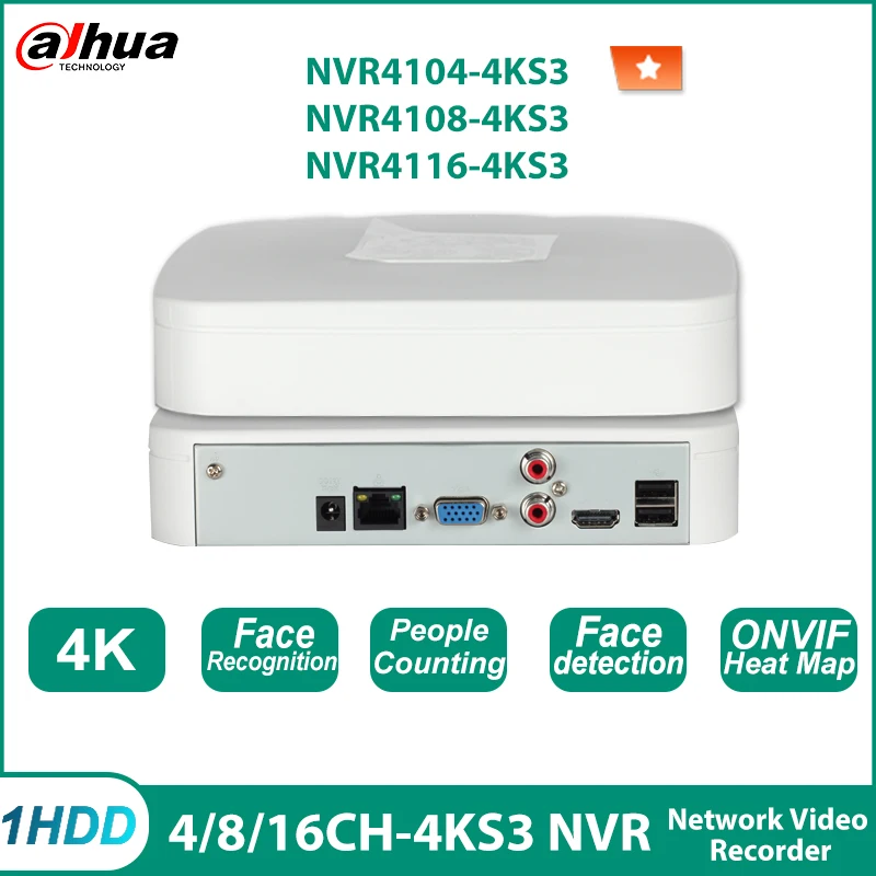 Dahua NVR4104-4KS3 NVR4108-4KS3 4K 4/8/16 Channels NVR Support Face Detection Pople Counting Network video Recorder Onvif  CCTV