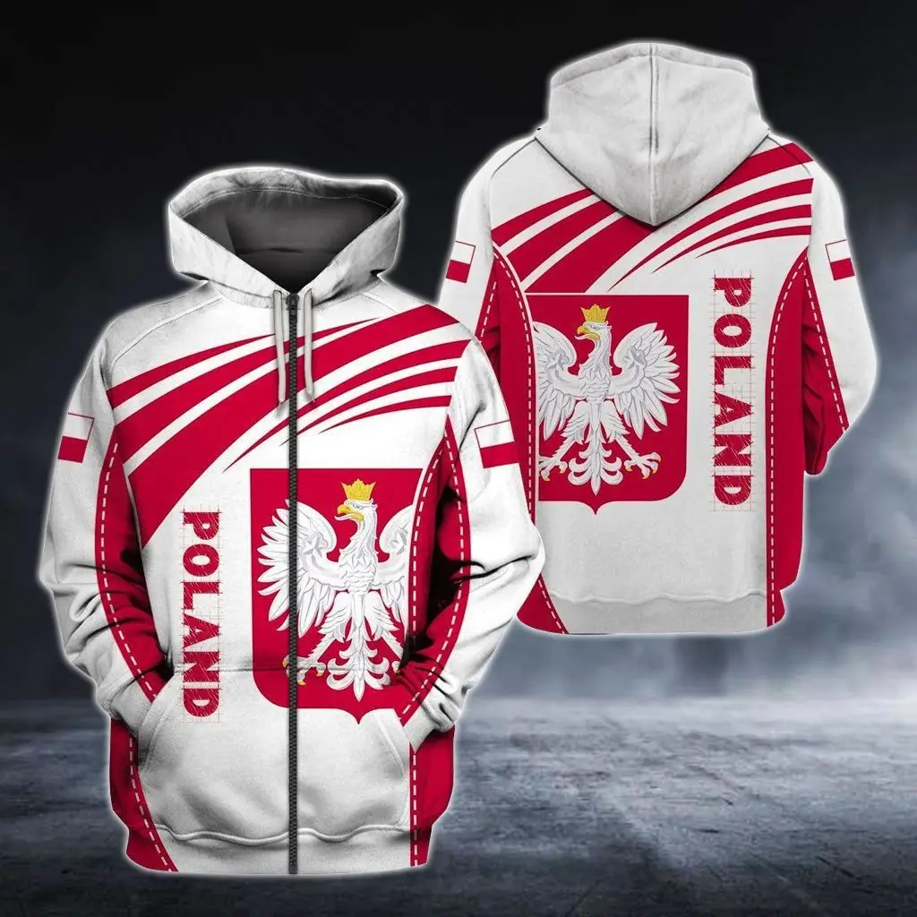 Sudaderas con capucha con cremallera impresa en 3D roja con emblema de Polonia, nombre personalizado, sudaderas holgadas Unisex, sudaderas de gran tamaño, ropa de calle informal de invierno, Tops, Jersey