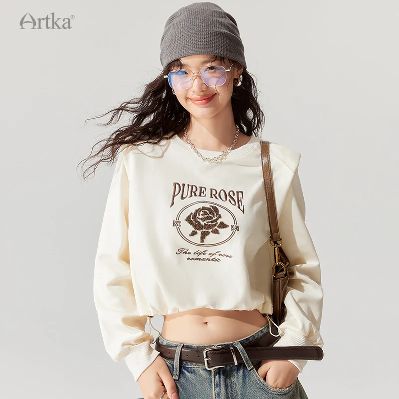 ARTKA 2023 Early Autumn New Fashion Loose Flower Nail Bead Sweatshirts Long Sleeve O-neck Short Sweatshirt Female VA92235Q