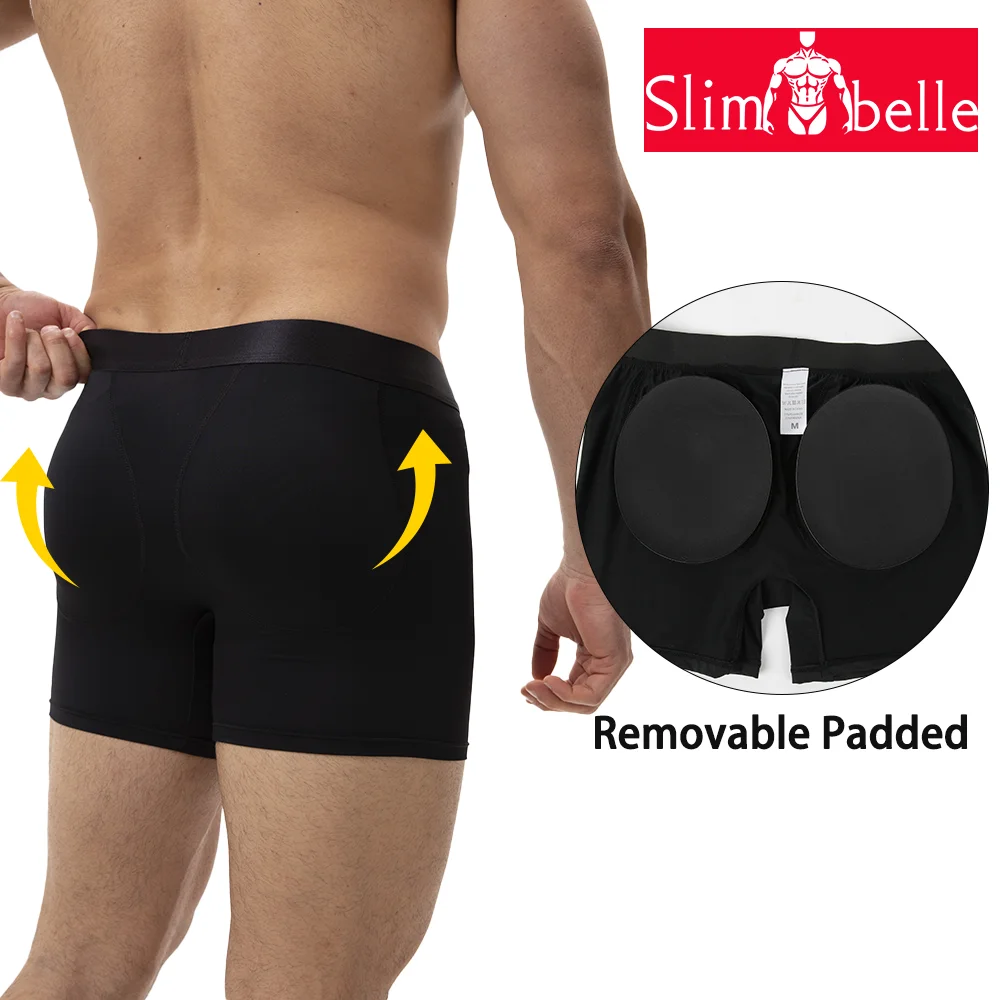 

Slimbelle Mens Soft Underwear Compression Butt Lifter Boxer Removable Padded Shapewear High Stretch Breathable Shorts Male Panty