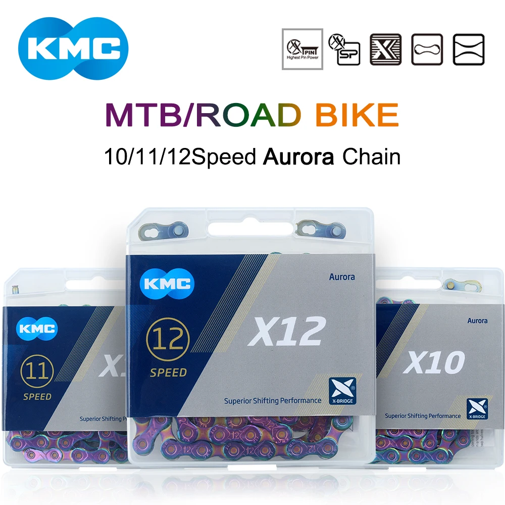 KMC X10 X11 X12 Bicycle Chain Road Mountain Bike 10/11/12Speed Bicycle Aurora Chain Compatible for SHIMANO Chain with Links Lock