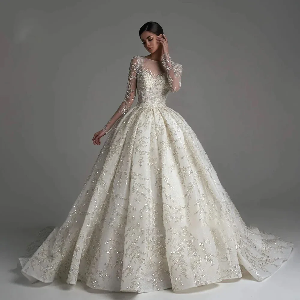 O-Neck Long Sleeve Wedding Dresses Princess Ball Gown Vestido De Novia Lace Beaded Cathedral Train Robe De Mariee Customized