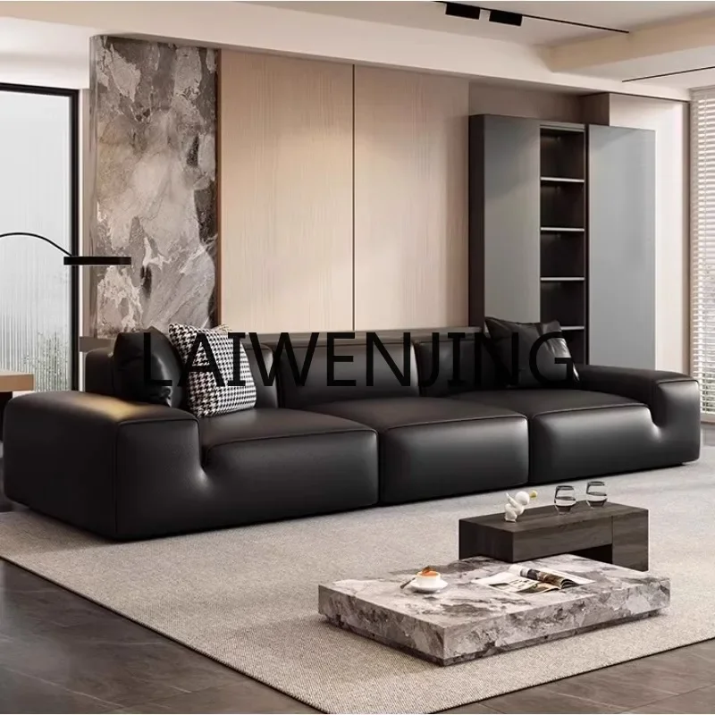 Big black cow sofa Italian minimalist leather straight row sofa combination size apartment living room black