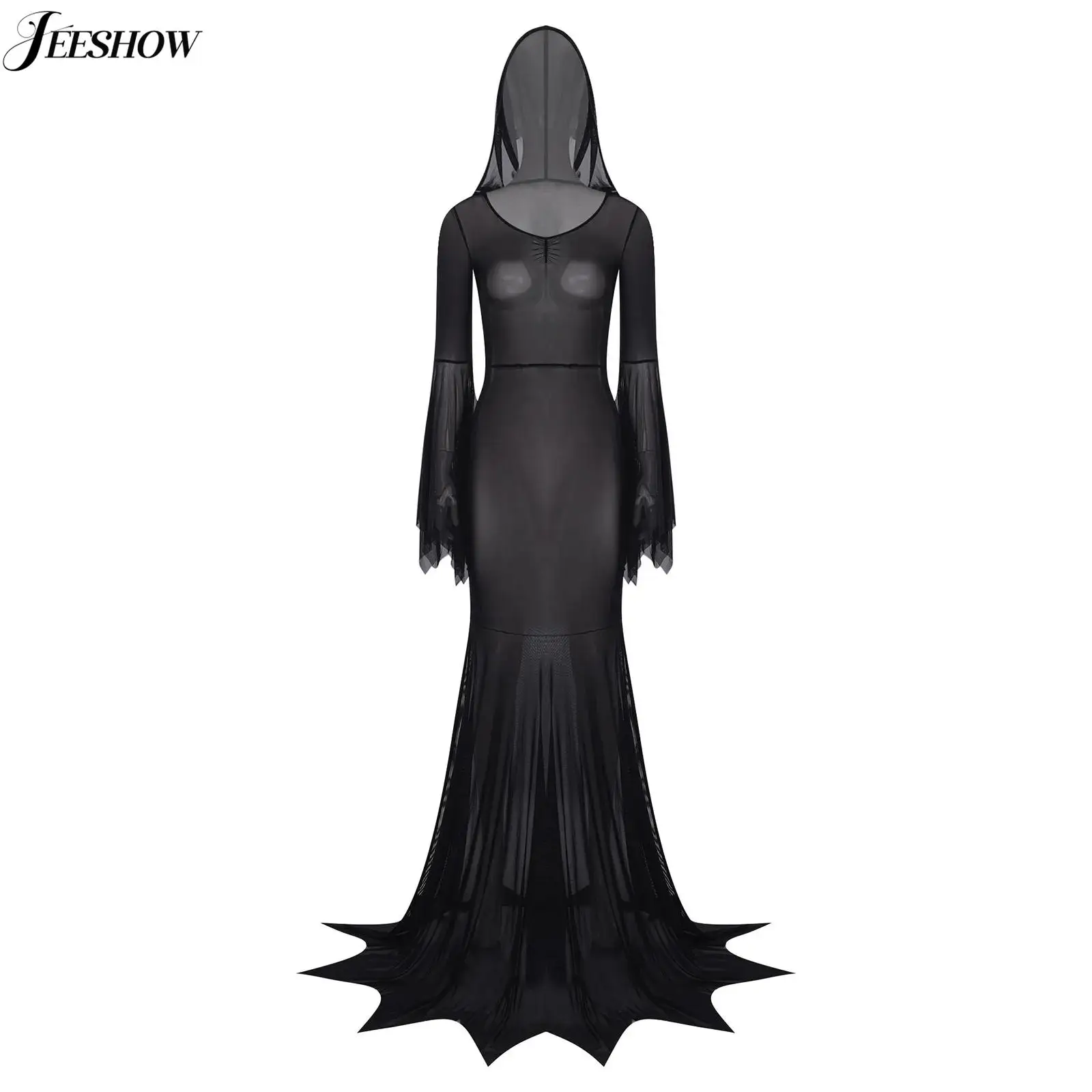 المرأة الساحرة مصاص دماء زي بقماش شفاف متوهج كم Bodycon ماكسي مقنعين فستان القرون الوسطى القوطية طول الأرض فستان لجميع القديسين