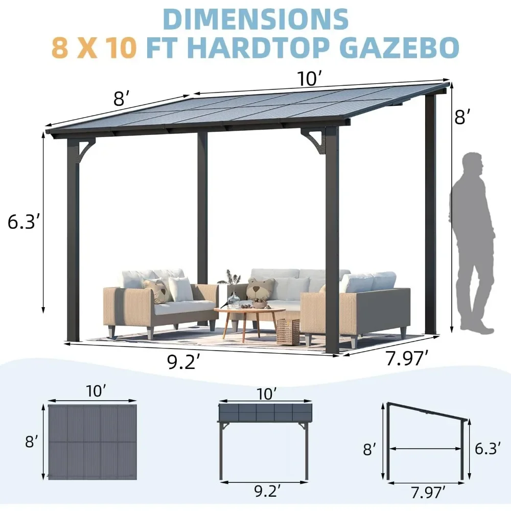 10' x 8' Gazebo for Patio, Small Wall-Mounted Lean to Gazebo Pergola with Roof (80 Sq.Ft Shaded) on Clearance