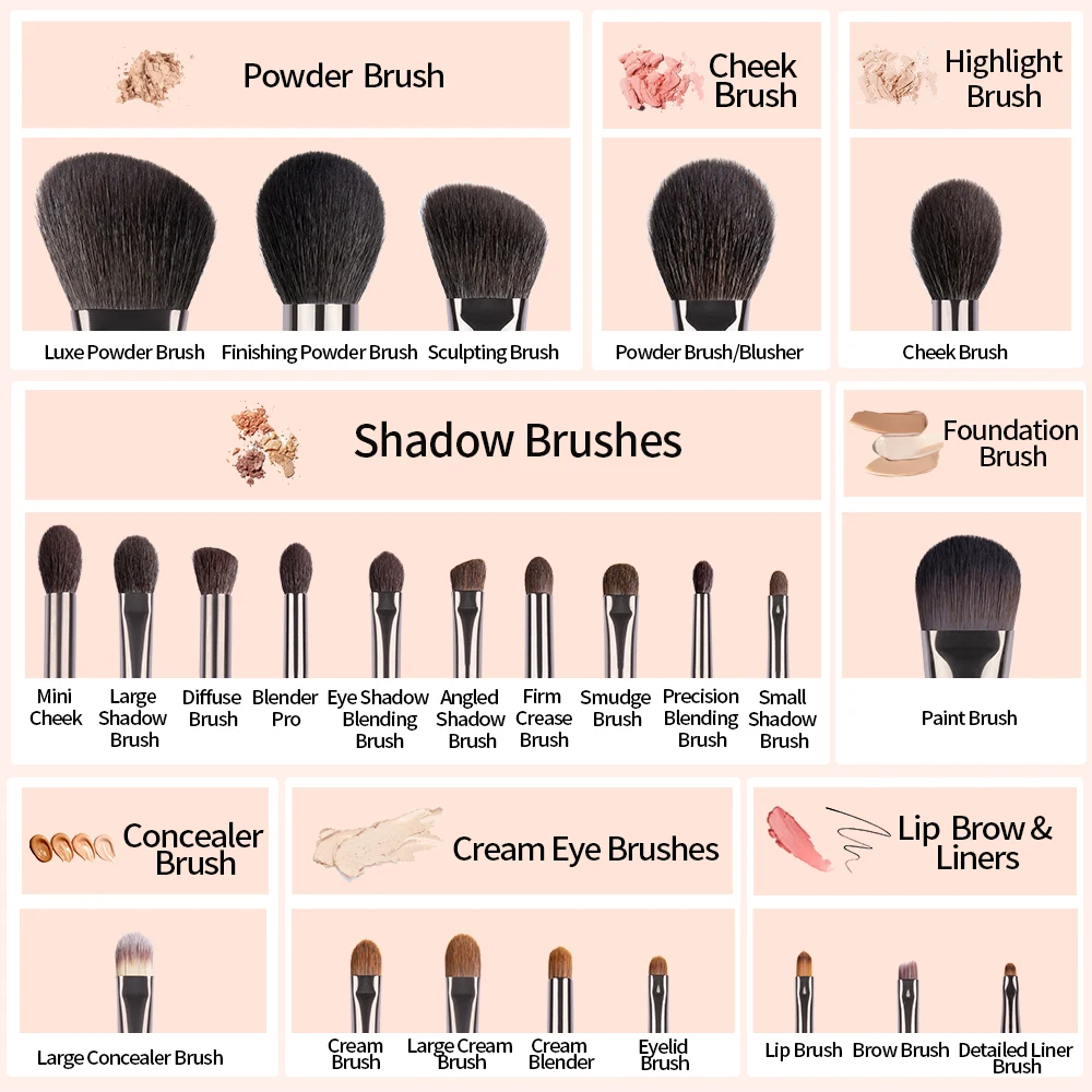 Bethy Beauty 24PCS Natural Goat Hair Makeup Brushes Set Professional Kit blending smudging brush shader