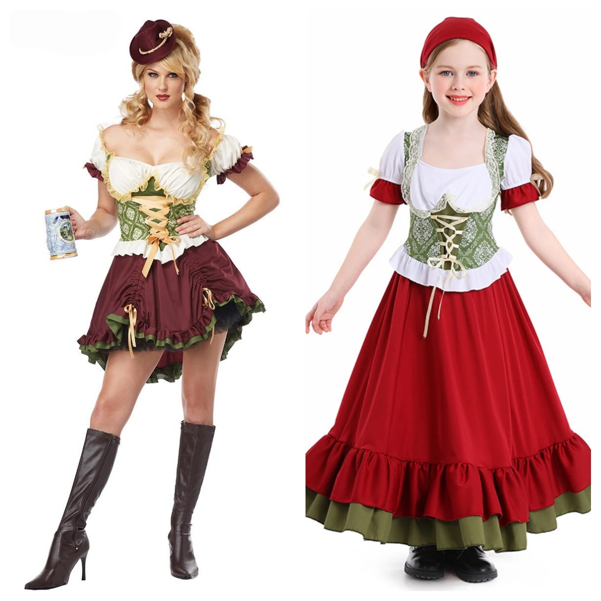 زي خادمة مهرجان البيرة كبير الحجم، ملابس أداء للهالوين، زي فتاة البيرة للأم والطفل، تنورة عرقية للعروض المسرحية #3