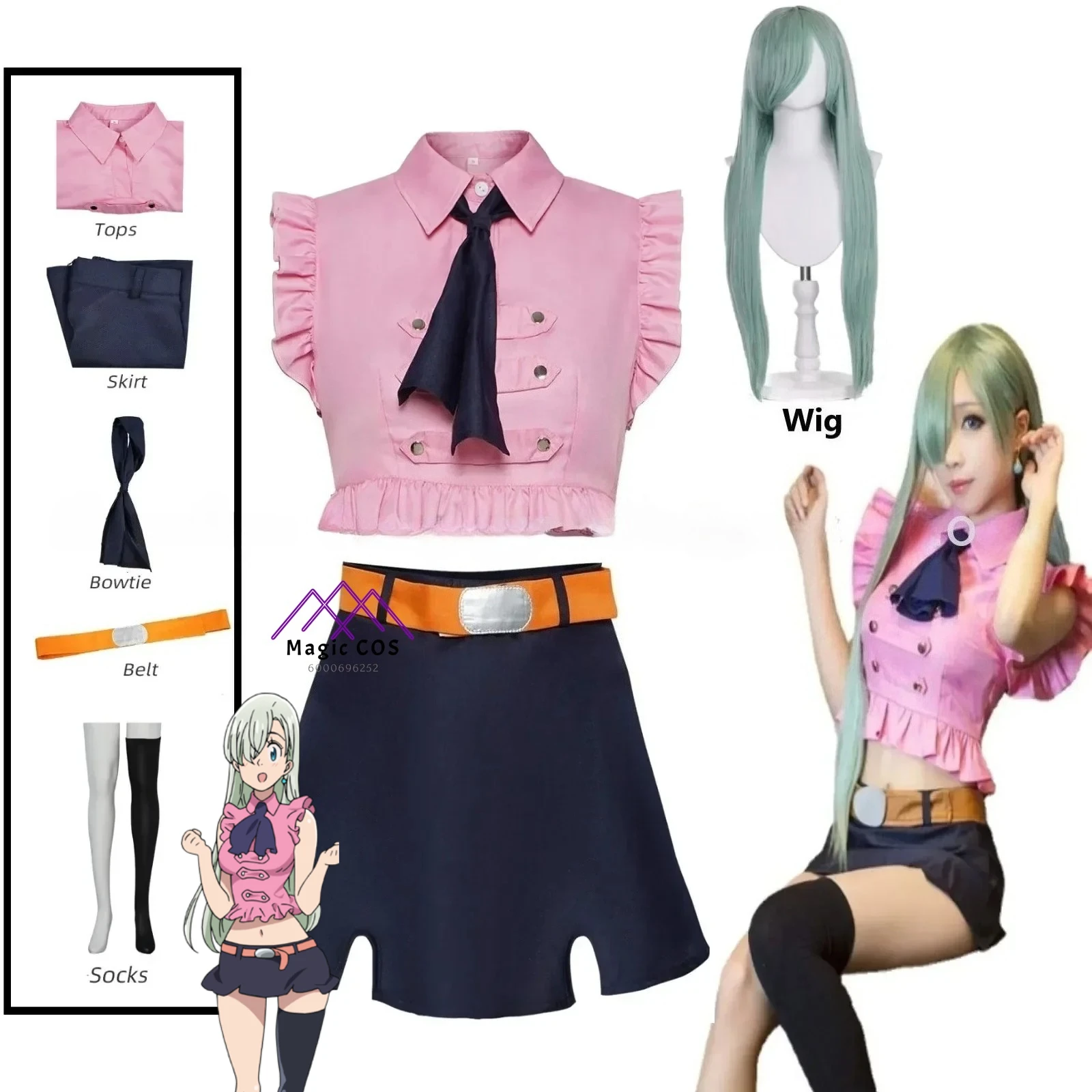 

Anime The Seven Deadly Sins Elizabeth Liones Cosplay Summer Girls Pink Sexy Shirt Skirt Uniform Halloween Party Women Dress Set
