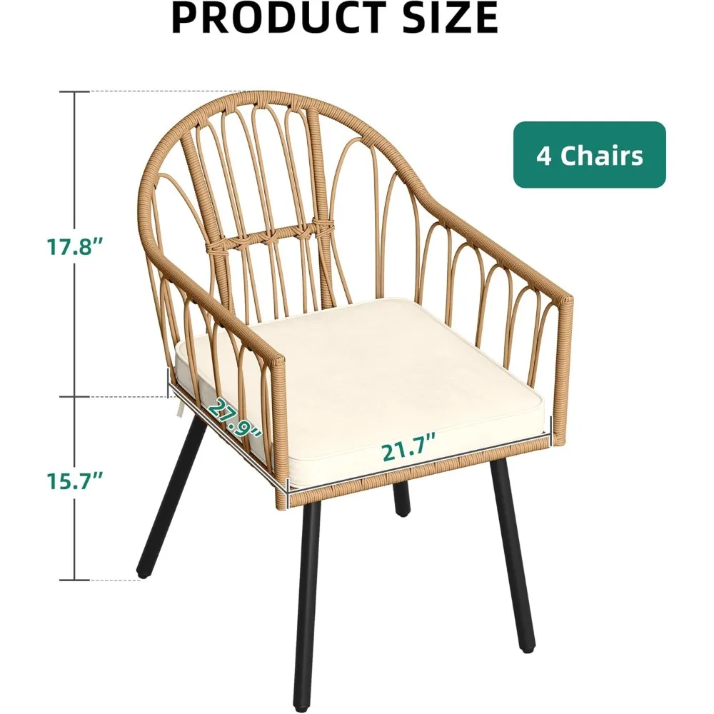 4 قطع من كراسي تناول الطعام المصنوعة من الخيزران، مجموعة أثاث الفناء الداخلي والخارجي مع وسادة وظهر منحني مناسب لجميع الأحوال الجوية