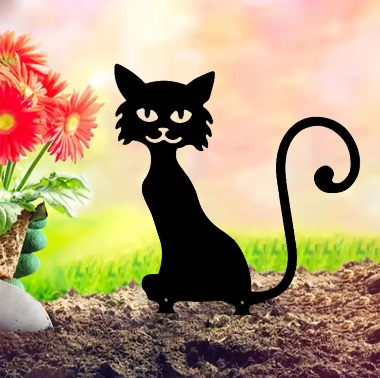 Charming Black Furry Kitten Metal Garden Stake - Floor-Mounted Decorative Plug for Yards, Flower Beds & Trees & Outdoor Decor