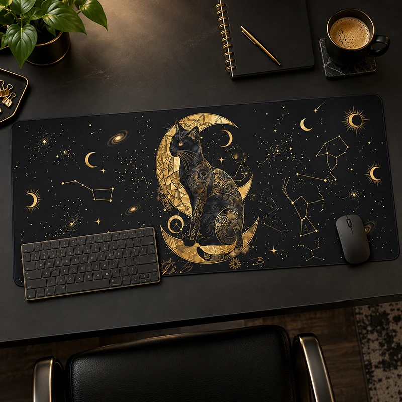 Mouse Pad Black Gold Celestial Cat Gamer XL Home Custom Mousepad XXL Desk Mats Natural Rubber Soft Office Desktop Mouse Pad