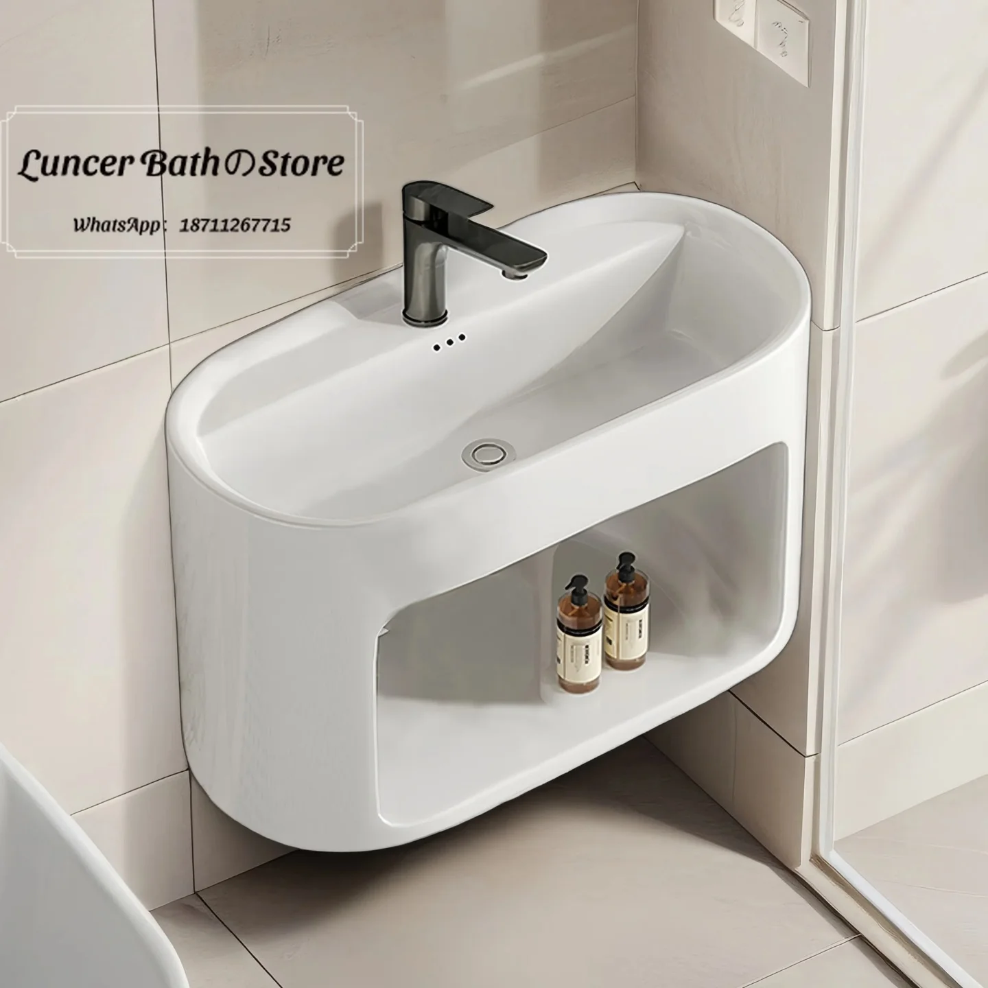 Cream Style Wall-mounted Elliptical Ceramic Sink, Deepened Floating Wash Basin for Bathroom