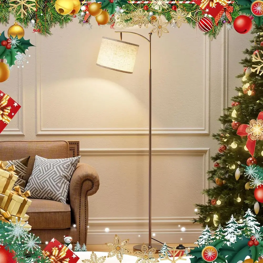 Luminária de Chão Ajustável com Temperatura de Cor e Brilho, 60 Polegadas, com Controle Remoto, Abajur Bege, Haste Marrom