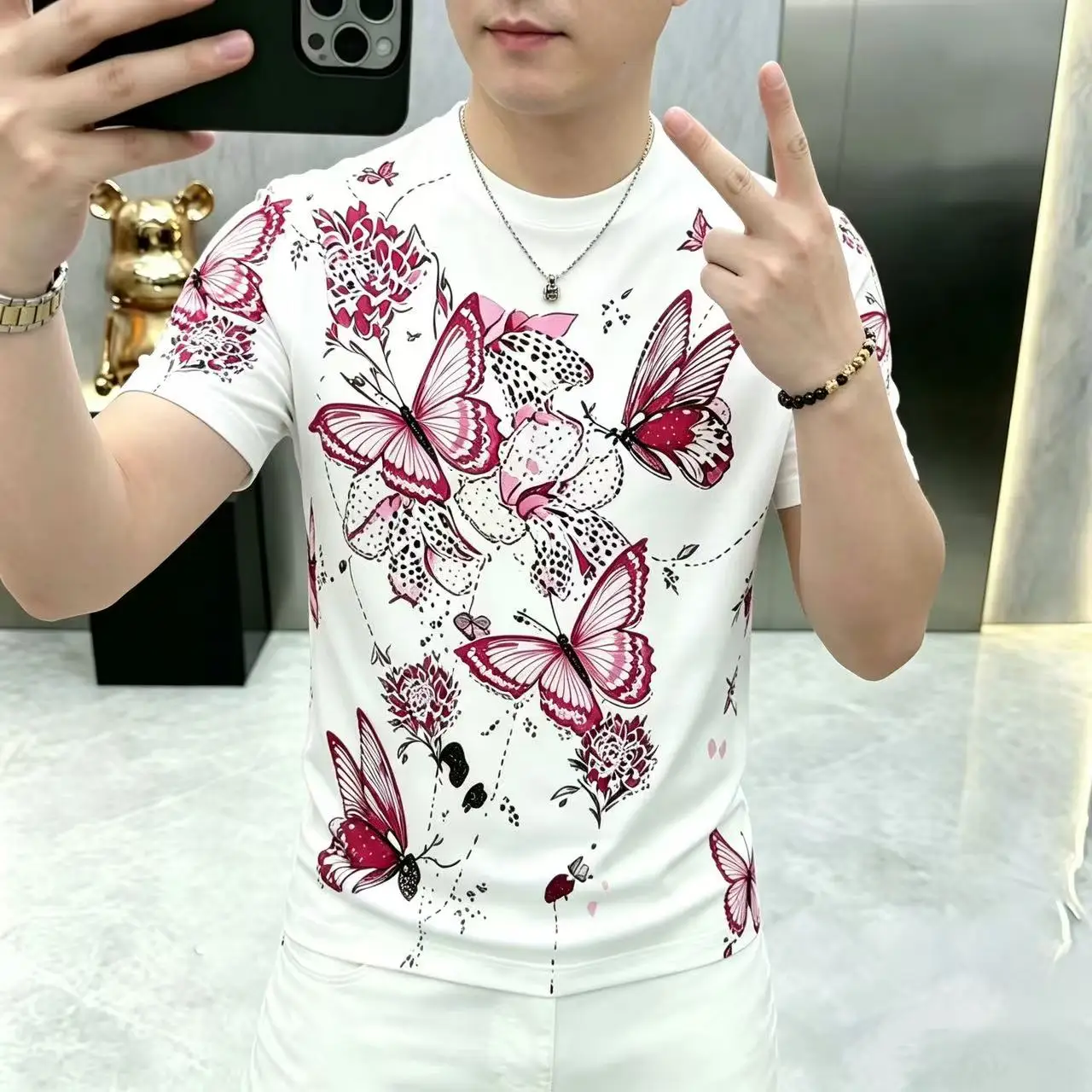 Butterfly Floral Print T Shirt For Men Short Sleeve Cool Feeling Summer High-Quality Soft Comfortable Trendy Camisetas De Hombre