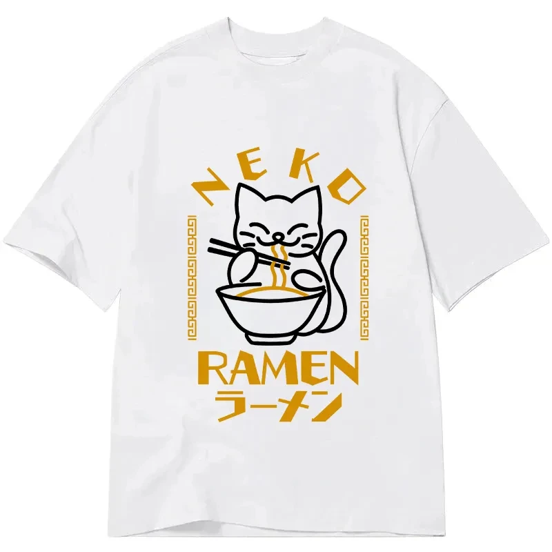 Ramen Cat Eating Noodles T-Shirt Men Women Cute Japanese Food Art Print Oversized Casual Streetwear Short Sleeve Tee Tops