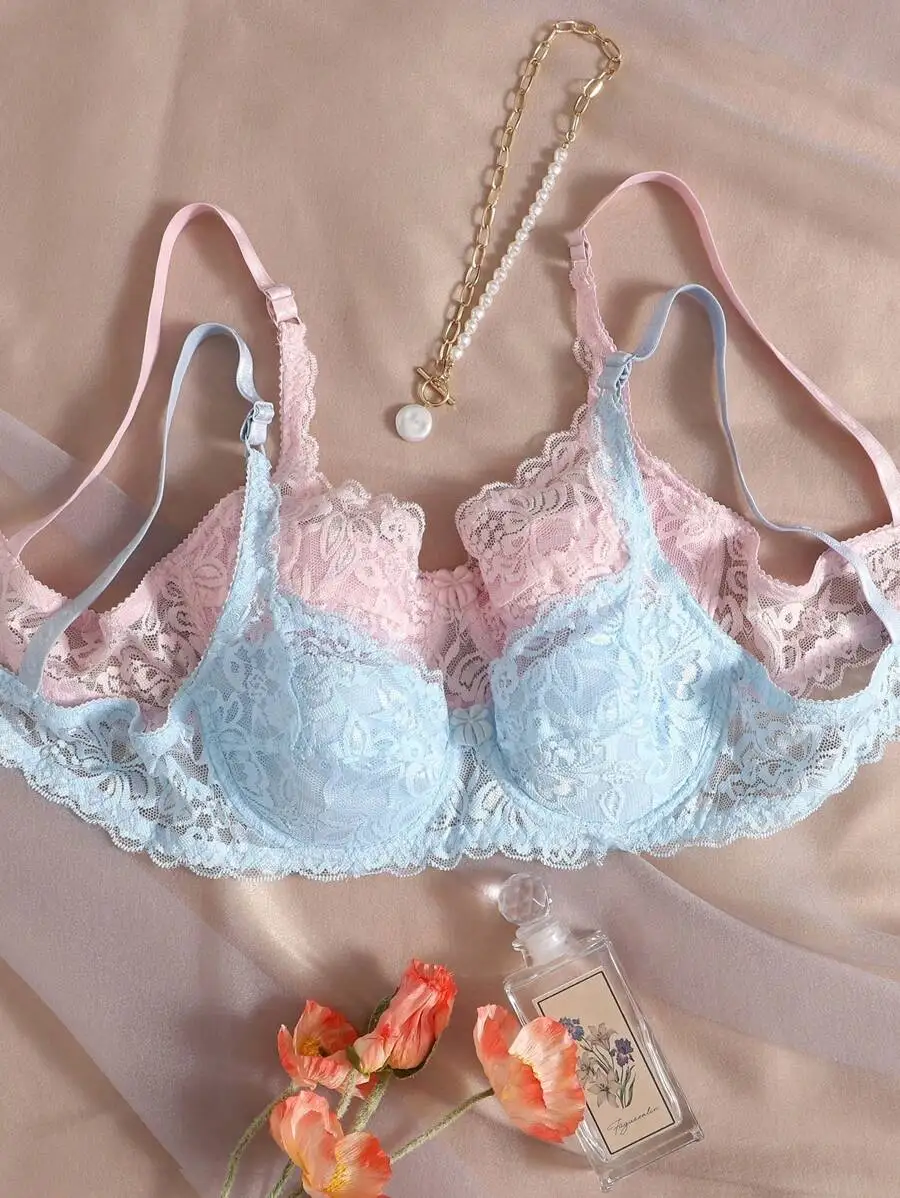 Set di 2 reggiseni push-up in pizzo con spalline regolabili in blu pastello e rosa