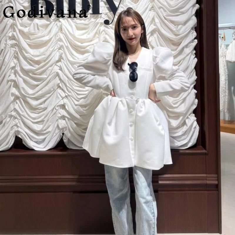 

Japanese Sweet Fashion Long Sleeve Flower Bud Dress Spring Autumn New 2025 Women Slim Fit Elegant V-neck Puff Sleeve Mini Dress