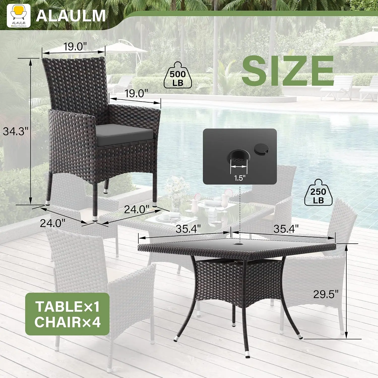 5-Piece Wicker Patio Dining Set W/Glass Table, Removable Cushions, Umbrella Hole For Outdoor Garden, Grey, Customized
