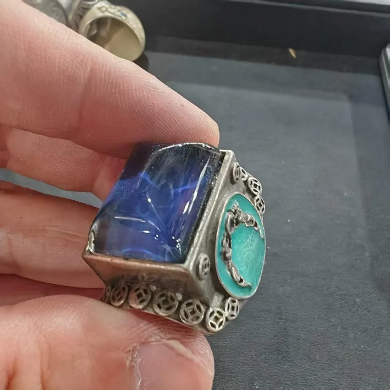 Retro Antique Metal Hollow Coin‑Carved Ring Unisex Tribal Style Square Blue Cabochon Inlaid Adjustable Vintage Finger Ornament